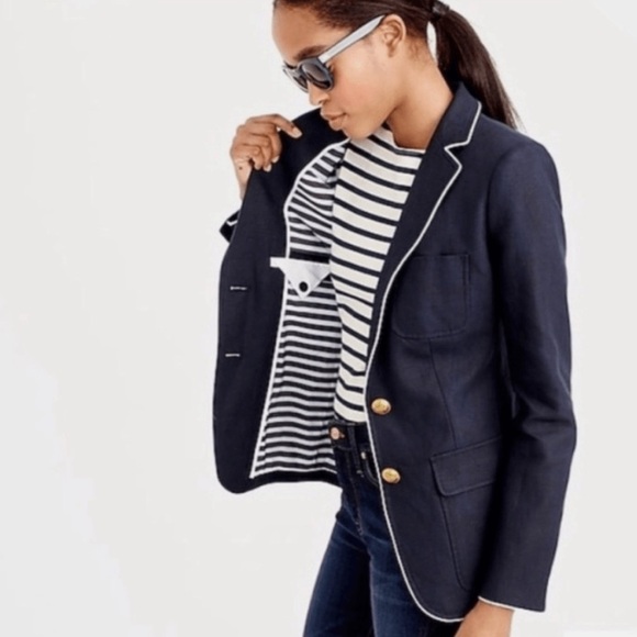 J. Crew Rhodes Navy Blue Blazer 100% Linen Nautical Crest Gold Buttons Size 2 - Picture 13 of 14